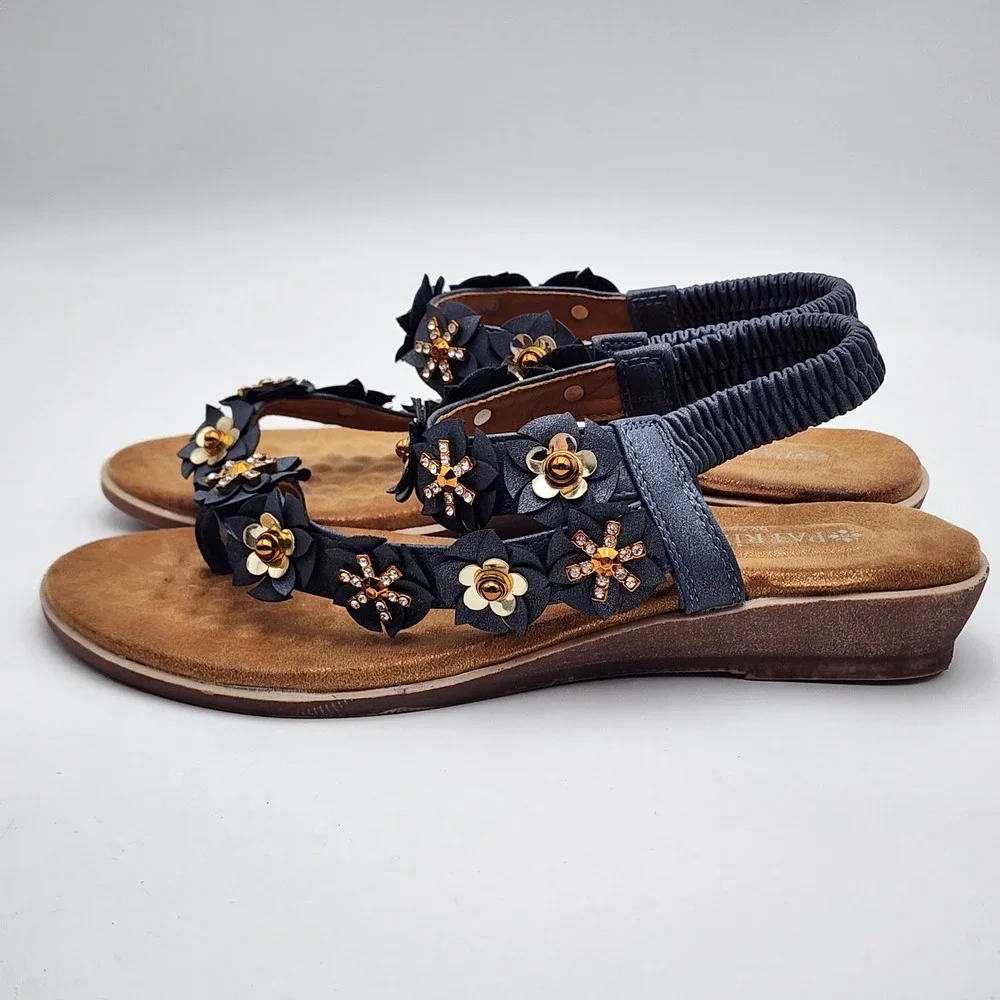 Patrizia by Spring Step Women's 7.5/8 Rhinestone‎ Blue Floral Shoes Flats Sandal